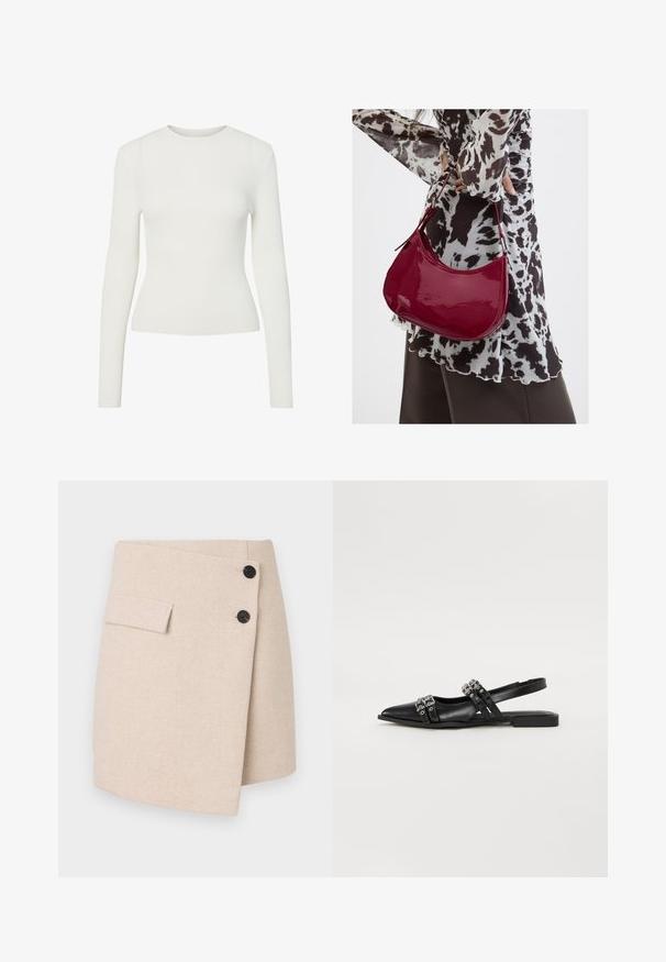 Hvid langærmet ribbet top med rund halsudskæring, tætsiddende snit og glat tekstur. Minimalistisk design uden synlige mønstre eller pynt.; Beige indpakningsskørt i et tekstureret stof, med en sidelomme, to sorte knapper og en let buet kant.; Even&Odd Slingback-ballerinasko - black; Kvinde iført en sort- og hvidmønstret bluse, der holder en blank rød skuldertaske mod en ensfarvet baggrund.