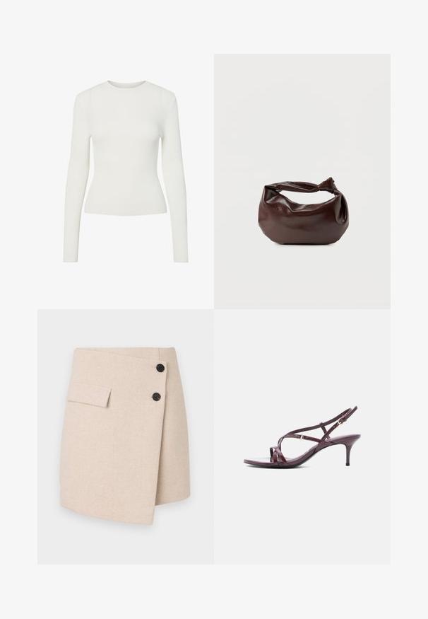 Hvid langærmet ribbet top med rund halsudskæring, tætsiddende snit og glat tekstur. Minimalistisk design uden synlige mønstre eller pynt.; Beige indpakningsskørt i et tekstureret stof, med en sidelomme, to sorte knapper og en let buet kant.; Sandaler med stropper og hæl i dyb burgunder laklæder, med en slank hæl, åben tå og krydsede design med justerbar spænde.; Mørkebrun læder skuldertaske med en blød, afslappet form og et snoet knudehåndtag på en ensartet hvid baggrund.