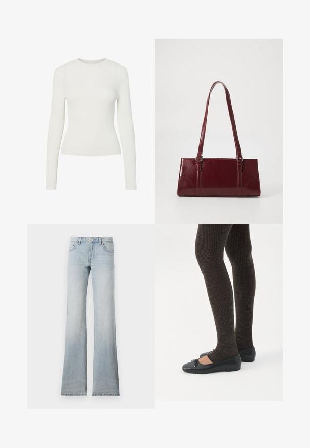 T-shirt blanc à manches longues en ribbed avec un col rond, à la coupe ajustée et une texture lisse. Design minimaliste, sans motifs ni embellissements visibles.; Jean flare en denim bleu clair avec une finition délavée, cinq poches et une fermeture à bouton. Le tissu a une texture lisse et un léger stretch.; Jambes portant des leggings côtelés foncés associés à des ballerines noires avec de petits détails en nœud sur fond blanc.; Sac à main bordeaux en matériau brillant, de forme rectangulaire, avec deux anses et des accents légèrement courbés à l'avant.