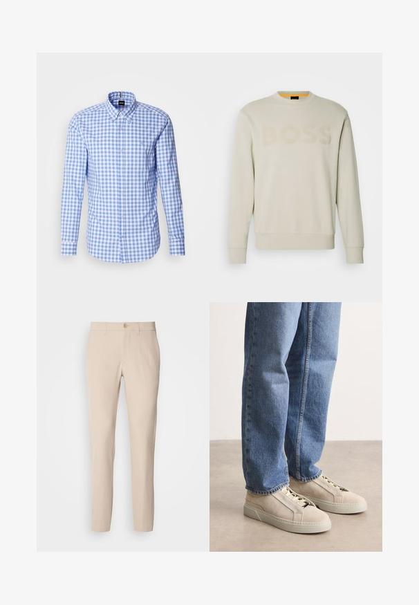 Cremefarbener Sweatshirt mit einem gerippten Rundhalsausschnitt, das ein farblich abgestimmtes "BOSS"-Logo auf der Vorderseite und gerippte Bündchen sowie Saum präsentiert.; Karobluse in Blau und Weiß mit langen Ärmeln, Button-Down-Kragen und Logo-Stickerei auf der Brust. Aus glattem Baumwollmaterial.; Beige Hose aus weichem Stoff, mit Knopfverschluss, geradem Schnitt und seitlichen Taschen. Glatte Textur mit minimalen Nähdetails.; BOSS GARYTENN_SDHDEL - Sneaker low - natural ten