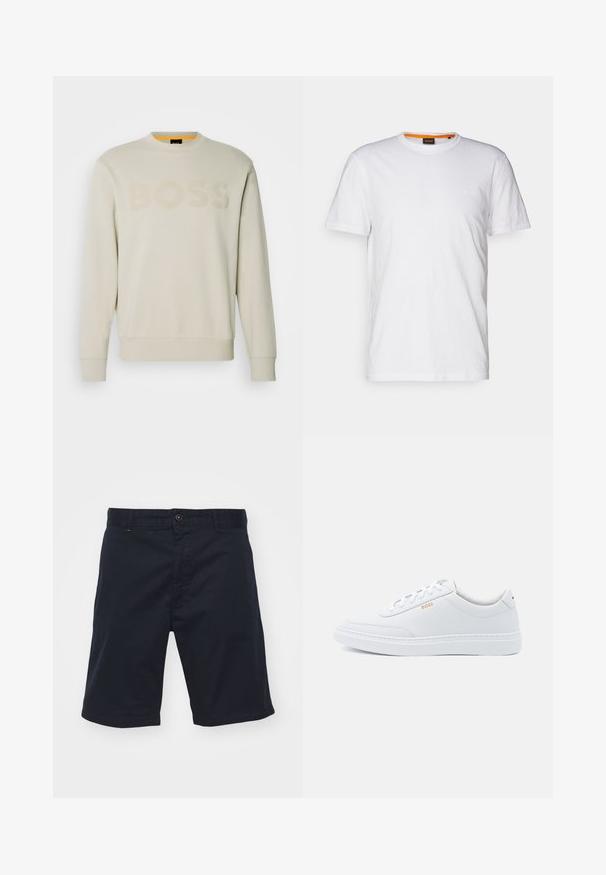 Cremefarbener Sweatshirt mit einem gerippten Rundhalsausschnitt, das ein farblich abgestimmtes "BOSS"-Logo auf der Vorderseite und gerippte Bündchen sowie Saum präsentiert.; Weißes Baumwoll-T-Shirt mit Rundhalsausschnitt, kurzen Ärmeln und einem dezenten geprägten Logo auf der Brust. Das Innenschild hat einen orangefarbenen Akzent.; Navyblaue Baumwollshorts mit Knopfverschluss, geradem Schnitt und Seitentaschen. Sie verfügen über eine glatte Textur und ein schlichtes Design.; Weiße Leder-Sneaker mit glatter Textur, runder Zehenpartie und tonal abgestepptem Design. Mit blauen Schnürsenkeln und einem goldenen Logo an der Seite.