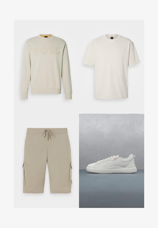 Crème-kleurige sweater met een geribbelde ronde hals, voorzien van een tonale "BOSS"-logo op de voorkant en geribbelde manchetten en zoom.; Korte mouwen, ronde hals t-shirt in off-wit katoen, met een rechte snit en minimale merkvermelding op de hals. Zachte textuur, geen patronen.; Beige cargoshorts met een elastische tailleband en een koord. Beschikt over zijzakken en een zachte, lichte stof.; Witte sneaker met een gladde leren afwerking, ronde neus, vier veterogen, subtiele perforaties en een rood logo detail aan de zijkant.