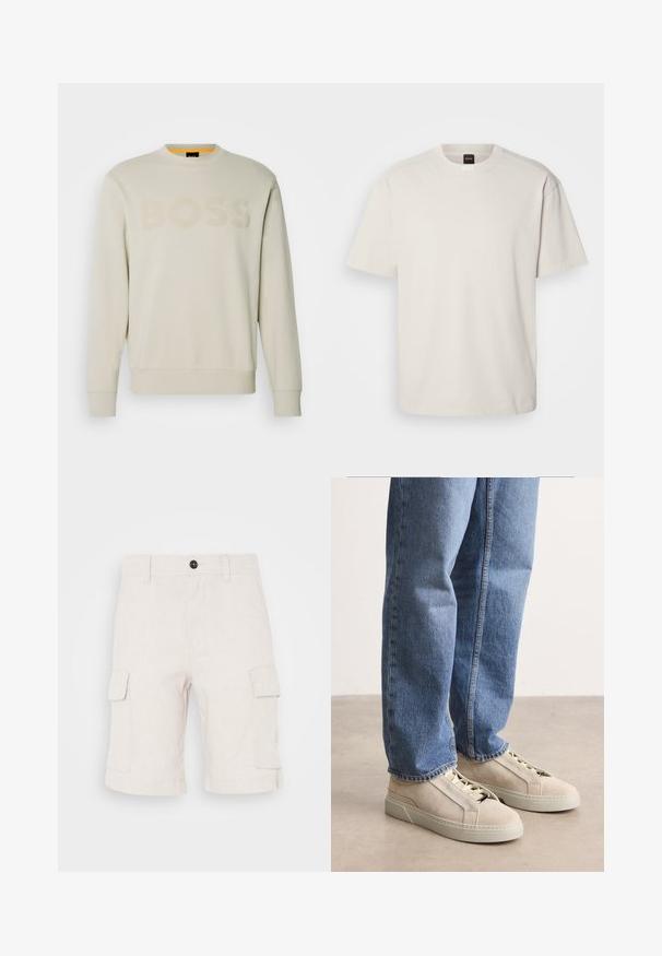 Crème-kleurige sweater met een geribbelde ronde hals, voorzien van een tonale "BOSS"-logo op de voorkant en geribbelde manchetten en zoom.; Korte mouwen, ronde hals t-shirt in off-wit katoen, met een rechte snit en minimale merkvermelding op de hals. Zachte textuur, geen patronen.; Beige cargoshorts van lichtgewicht stof, met twee zijzakken en een omgeslagen zoom. Knopsluiting aan de taille.; BOSS GARYTENN_SDHDEL - Sneakers laag - natural ten