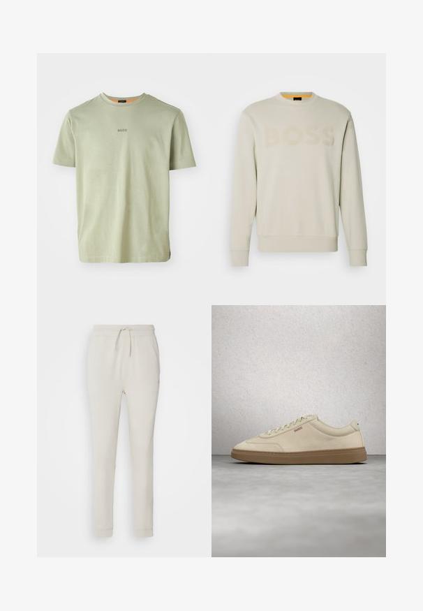 Crème-kleurige sweater met een geribbelde ronde hals, voorzien van een tonale "BOSS"-logo op de voorkant en geribbelde manchetten en zoom.; Olijfgroen T-shirt met korte mouwen van zachte stof, met een ronde halslijn en een klein 'BOSS'-logo gedrukt in het midden.; Lichtbeige sweatpants van zacht, gemêleerd materiaal. Heeft een tailleband met trekkoord, geribbelde manchetten en zijzakken. Getailleerde pasvorm.; Lichtbeige suède sneaker met een zool van gumrubber, opvallende veters en subtiele stikdetails. Strak ontwerp met een minimalistische uitstraling.