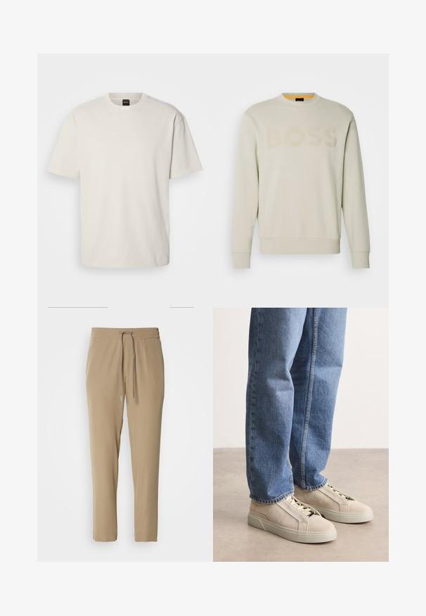 Cremefarbener Sweatshirt mit einem gerippten Rundhalsausschnitt, das ein farblich abgestimmtes "BOSS"-Logo auf der Vorderseite und gerippte Bündchen sowie Saum präsentiert.; Kurzärmliges T-Shirt mit Rundhalsausschnitt aus Baumwolle in Off-White, mit geradem Schnitt und minimalem Branding am Kragen. Weiche Textur, keine Muster.; Beige Jogginghosen mit einem elastischen Bund und Kordelzug. Sie haben ein tailliertes Design und bündchenförmige Säume, gefertigt aus leichtem Material.; BOSS GARYTENN_SDHDEL - Sneaker low - natural ten