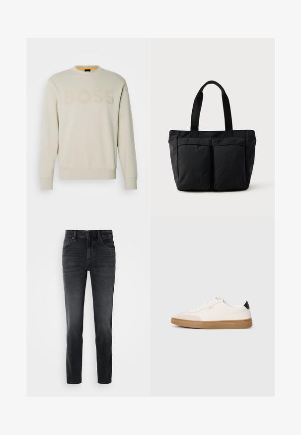 Crème-kleurige sweater met een geribbelde ronde hals, voorzien van een tonale "BOSS"-logo op de voorkant en geribbelde manchetten en zoom.; Zwarte denim jeans met een slim fit, voorzien van een middelhoge taille, klassiek vijf-pocket ontwerp en subtiele vervaging op de benen.; Witte sneakers met beige accenten, bovenwerk van glad leer, ronde neus en rubberen gumzool, met een zwarte hieltab en subtiele branding.; Zwarte tote bag met een zachte stoffen constructie, twee voorvakken en stevige handvatten. Logo aan de zijkant weergegeven. Eenvoudig, functioneel ontwerp.