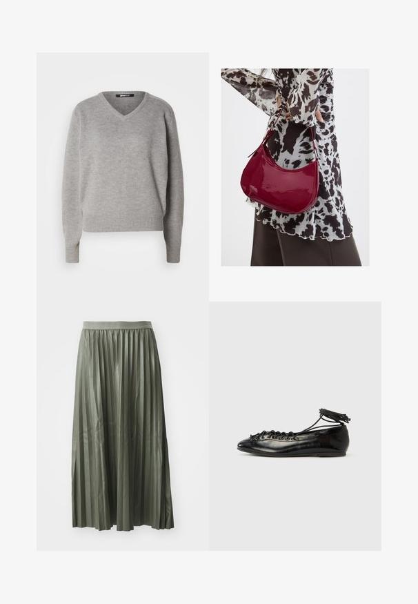 Grauer V-Ausschnitt-Pullover aus weichem Strickmaterial. Mit langen Ärmeln und gerippten Bündchen und Saum. Einfaches, klassisches Design ohne Muster.; Faltender Midi-Rock in gedämpftem Grün, aus glänzendem Stoff. Verfügt über einen elastischen Taillenbund und fällt bis zur Wade mit gleichmäßig verteilten vertikalen Falten.; Schwarze Ballerinas aus Lackleder mit runder Spitze, Schnürdesign und flacher Sohle. Glatte Textur mit minimaler Verzierung.; Frau trägt eine schwarz-weiß gemusterte Bluse und hält eine glänzende rote Schultertasche vor einem einfarbigen Hintergrund.