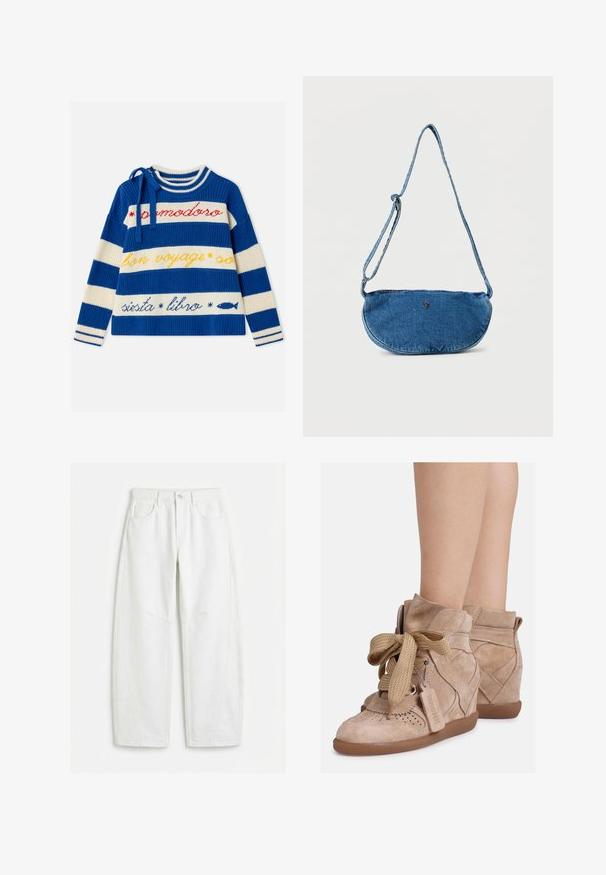 Pull en maille rayé bleu et blanc avec des phrases en rouge, jaune et bleu ainsi qu'une icône de poisson, avec un ruban noué au col.; Jean blanc à jambes droites avec poches avant, passants pour ceinture, fermeture par bouton et détails de coutures visibles.; Baskets compensées en daim beige avec des lacets épais tissés noués en nœud et une étiquette "BRONX" sur le côté, portées aux chevilles d'une personne.; Sac bandoulière en jean bleu avec sangle ajustable et petit logo métallique sur le devant, présenté sur fond blanc.