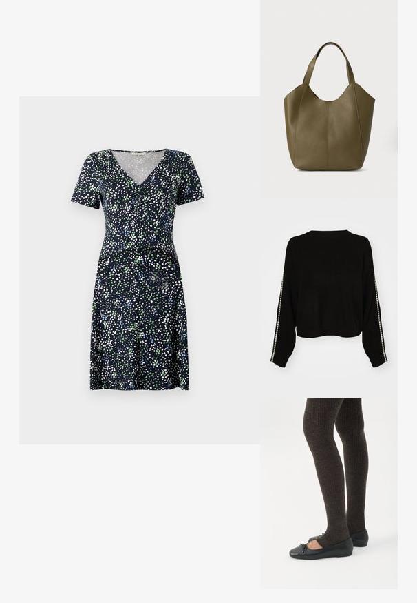 Sort, ribbet striktrøje med cropped design og lange ærmer. Har en kontrasterende hvid stribet kant langs ærmerne.; Kjole med korte ærmer i marineblå med et flerfarvet prikmønster. Har V-hals og tætsiddende talje, lavet af letvægtsstof.; Ben iført mørke ribbede leggings kombineret med sorte balletsko med små sløjfedetaljer på hvid baggrund.; Oliven grøn læder tote taske med dobbelte håndtag, glat tekstur og fire panel design. Forstærket syning langs sømmene for holdbarhed.