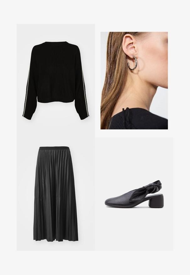 Sort, ribbet striktrøje med cropped design og lange ærmer. Har en kontrasterende hvid stribet kant langs ærmerne.; Sort plisseret maxiskørt med en glat tekstur og elastisk talje, der har lodrette folder som skaber volumen og bevægelse.; Sort læder slingback-sko med rundet tå, detaljer med knyttet rem og lav blokhæl på hvid baggrund.; Sølv hoop ørestik med en poleret overflade, prydet med små guld accenter og en rund form, båret på øreflippen.