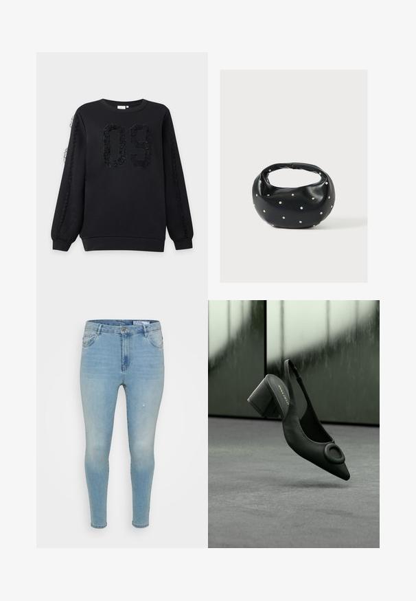Sort sweatshirt med lange ærmer med tekstureret nummer 09 på forsiden og blonde detaljer, der løber ned ad begge ærmer.; Lyseblå denimbukser med slim fit, der har en mellemhøj talje, klassisk fem-lomme design og subtile slidte detaljer på fronten.; Sort læder slingback højhælede sko med spids tå og rund spænde, placeret mod en grå gulv og sløret baggrund.; Sort læderhåndtaske med en rundet form, dekoreret med sølvnitter, og et kort håndtag. Glat tekstur og lynlåslukning.