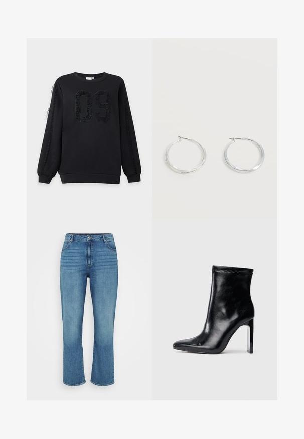 Sort sweatshirt med lange ærmer med tekstureret nummer 09 på forsiden og blonde detaljer, der løber ned ad begge ærmer.; Lysblå denimjeans med lige ben design, der har fem lommer, bæltestropper og subtil falming foran.; Sorte læder ankelstøvle med spidse tæer og høj klar hæl. Glat tekstur og minimal syning på overmaterialet.; Sølvfarvede metaloorringe med glat, let buet overflade og låsemekanisme på en ensfarvet hvid baggrund.