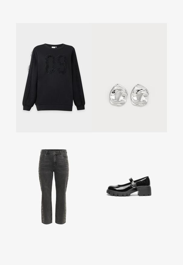 Sweat-shirt noir à manches longues avec le numéro 09 texturé sur le devant et des détails en dentelle courant le long des deux manches.; Jean droit noir taille haute avec bouton en métal, poches avant et petits clous argentés le long des coutures latérales.; Chaussure Mary Jane en cuir verni noir avec un talon épais, un bout rond et une sangle ornée d'une boucle en forme de cœur.; Boucles d'oreilles en forme abstraite argentées avec une finition poli, présentant des courbes lisses et des contours subtils. Pas de motifs ou d'accents visibles.