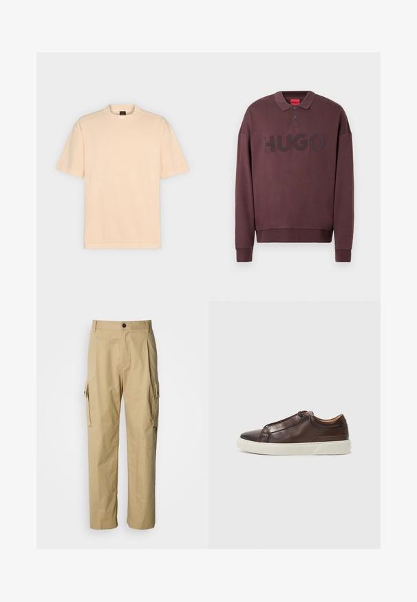 Sweat-shirt polo à manches longues marron foncé avec poignets côtelés, deux boutons au col et "HUGO" imprimé sur la poitrine.; T-shirt beige uni à manches courtes avec col rond et étiquette BOSS à l'intérieur du col arrière, présenté sur un fond gris clair.; Pantalon cargo beige en tissu résistant, avec une coupe décontractée, des poches latérales et une fermeture par bouton à la taille.; Baskets en cuir marron avec un embout arrondi, semelle en caoutchouc blanc contrastante, accents cousus et sans lacets visibles. Texture lisse dans l'ensemble.