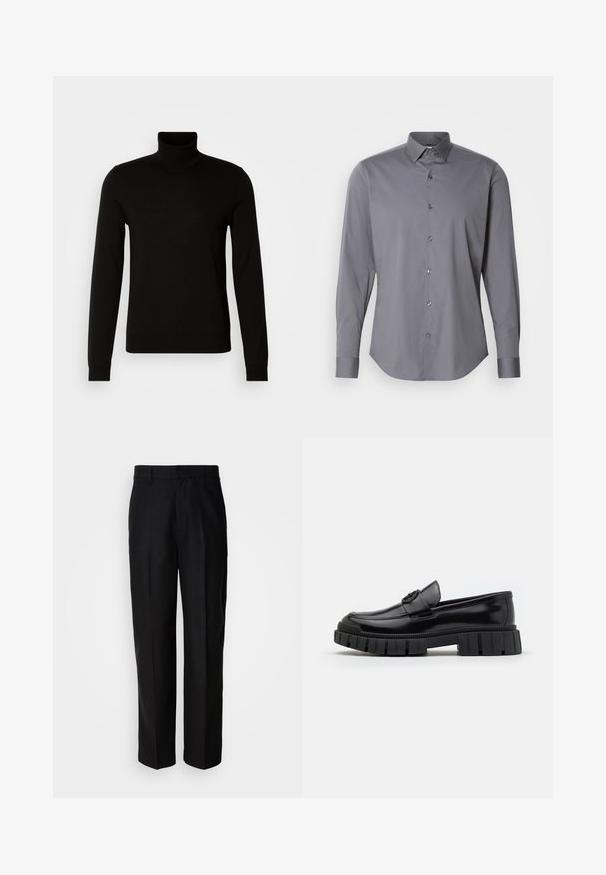 Sort turtleneck sweater lavet af et fint strikket stof, der har lange ærmer og en tætsiddende silhuet. Glat tekstur med ribbede manchetter.; Grå langærmet skjorte med knapper fremstillet af glat bomuld. Har en klassisk krave og rundet kant med seks mørke knapper på forsiden.; Sorte bukser lavet af glat stof, med lige ben, flad front og bæltestropper, præsenteret mod en ensfarvet baggrund.; Sorte læderloafers med tykke, rillet gummisåler. Har en rund tå og en dekorativ rem med et logoaccent. Glat overflade.