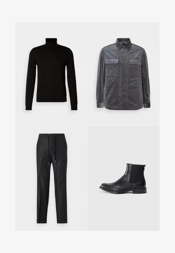 Sort turtleneck sweater lavet af et fint strikket stof, der har lange ærmer og en tætsiddende silhuet. Glat tekstur med ribbede manchetter.; Sort og gråstripet fløjlsskjorte med knap-ned krave, to brystlommer og lange ærmer. Tekstureret stof med en glat overflade.; Sorte pinstripede bukser lavet af glat stof med en komfortabel elastisk talje og snøre detaljer. Har diskret logo detaljering.; Sort læder Chelsea-støvle med elastiske sidepaneler, afrundet tå og lav, stablet hæl. Har en rød løftestrop og subtil branding på siden.