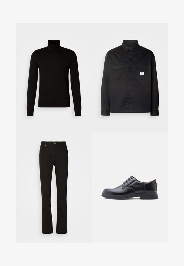 Zwarte coltrui van fijn gebreide stof, met lange mouwen en een getailleerde pasvorm. Gladde textuur met geribbelde manchetten.; Zwarte lange mouwen shirt van katoen. Heeft een knoopsluiting, twee borstzakken en een klein logo-label op de linkerzak.; Zwarte denim jeans met een recht model, voorzien van voorzakken, een rits en zilveren hardware accenten. Soepele textuur, zonder patronen.; Zwarte leren veter schoenen met een gladde textuur, ronde neus en subtiel stiksel detail. Voorzien van een rode trekband op de hiel.