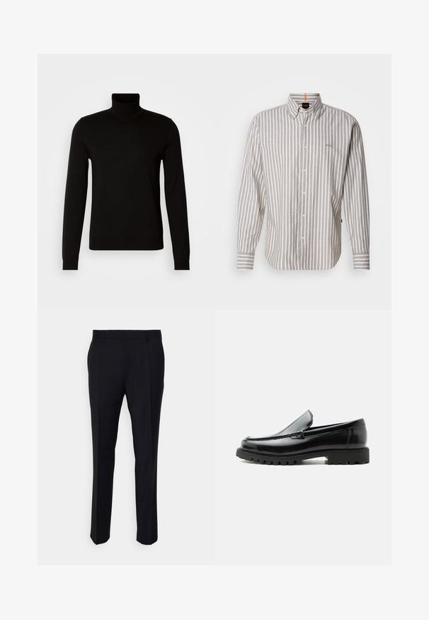 Suéter negro de cuello alto confeccionado en un tejido de punto fino, con mangas largas y una silueta ajustada. Textura suave con puños acanalados.; BOSS RICOPLUS_M - Camisa - grey/sand; Pantalones negros confeccionados en tela tejida, con un corte ajustado, frente plano, bolsillos laterales y un diseño de pierna recta.; Mocasín de cuero negro con suela de goma gruesa, empeine cosido y nombre de la marca en relieve en el talón, mostrado en perfil lateral sobre fondo blanco.