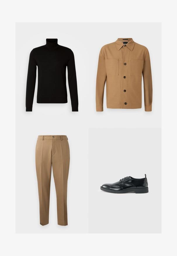 Suéter negro de cuello alto confeccionado en un tejido de punto fino, con mangas largas y una silueta ajustada. Textura suave con puños acanalados.; BOSS CRAIG - Camisa - medium beige; Pantalones marrones a medida con corte recto, pinzas simples, trabillas para cinturón y cierre frontal con botón. Tela suave con una textura mate.; Zapato de vestir negro de cuero brillante con tacón bajo, cierre de cordones y puntera redonda, mostrado de lado sobre un fondo claro y liso.