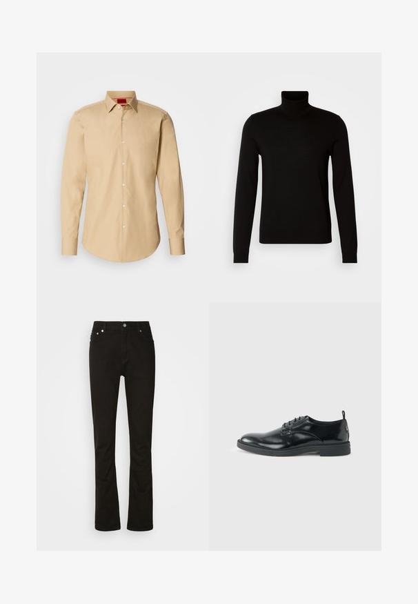 Suéter negro de cuello alto confeccionado en un tejido de punto fino, con mangas largas y una silueta ajustada. Textura suave con puños acanalados.; Camisa beige de botones hecha de tejido suave, con un cuello clásico, mangas largas y una textura sutil con botones blancos.; Jeans de denim negro con diseño de pierna recta, que cuentan con bolsillos frontales, una cremallera y acentos de hardware plateado. Textura suave, sin patrones.; Zapato de vestir negro de cuero brillante con tacón bajo, cierre de cordones y puntera redonda, mostrado de lado sobre un fondo claro y liso.