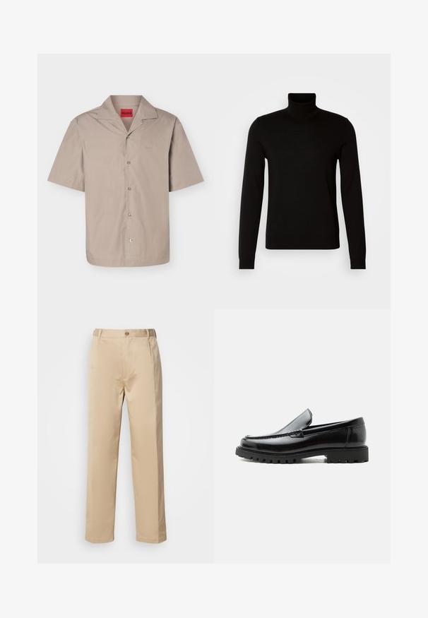 Pull col roulé noir en tissu tricoté fin, doté de manches longues et d'une silhouette ajustée. Texture lisse avec des poignets côtelés.; Chemise beige à manches courtes avec boutons et col campagnard, portant une étiquette rouge "HUGO" à l'intérieur du col.; Pantalons beiges en tissu léger, avec une coupe droite, une taille avec passants de ceinture et une fermeture à bouton sur le devant.; Mocassin en cuir noir avec semelle en caoutchouc épaisse, dessus cousu et nom de marque embossé sur le talon, présenté de profil sur fond blanc.