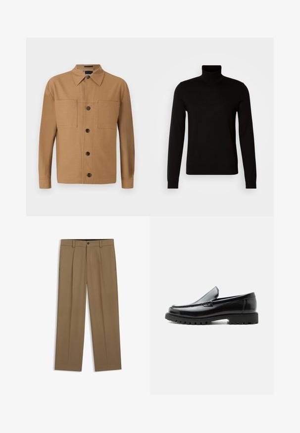 Suéter negro de cuello alto confeccionado en un tejido de punto fino, con mangas largas y una silueta ajustada. Textura suave con puños acanalados.; BOSS CRAIG - Camisa - medium beige; Pantalones marrones de pierna recta con presillas para cinturón, botón en el frente y cierre de cremallera, mostrados planos sobre un fondo blanco.; Mocasín de cuero negro con suela de goma gruesa, empeine cosido y nombre de la marca en relieve en el talón, mostrado en perfil lateral sobre fondo blanco.