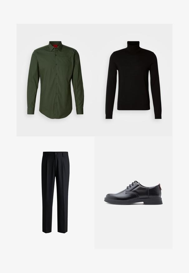 Sort turtleneck sweater lavet af et fint strikket stof, der har lange ærmer og en tætsiddende silhuet. Glat tekstur med ribbede manchetter.; Mørkegrøn langærmet skjorte lavet af glat bomuld, med en klassisk krave, sorte knapper og en buet kant. Rødt brandlogo på kraven.; Sorte bukser lavet af glat stof, med lige ben-design, plisseringer foran og knaplukning med bæltestropper.; Sorte snørestøvler i læder med glat tekstur, rundet tå og diskrete syningsdetaljer. Har en rød trækflig på hælen.