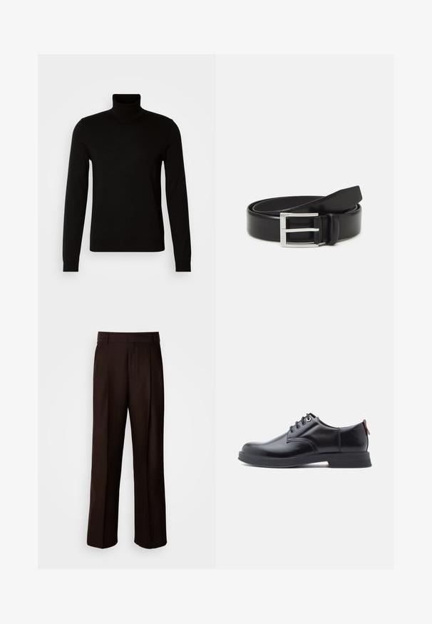 Sort turtleneck sweater lavet af et fint strikket stof, der har lange ærmer og en tætsiddende silhuet. Glat tekstur med ribbede manchetter.; Brune skræddersyede bukser med lige ben, featuring en frontfold, glat texture og klassisk talje. Egnet til formelt brug.; Sorte snørestøvler i læder med glat tekstur, rundet tå og diskrete syningsdetaljer. Har en rød trækflig på hælen.; Sort læderbælte med en blank finish; har en sølvmetal spænde med et rektangulært rammedesign og glatte kanter.