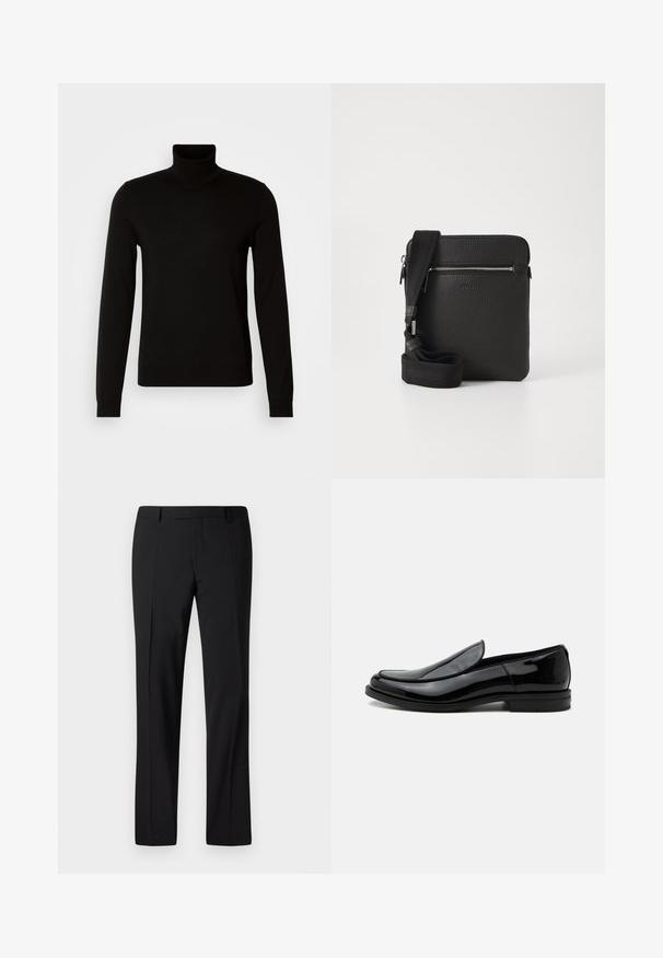 Sort turtleneck sweater lavet af et fint strikket stof, der har lange ærmer og en tætsiddende silhuet. Glat tekstur med ribbede manchetter.; Sorte skræddersyede bukser med lige ben, der har en glat overflade, plissee foran og en klassisk talje for et formelt udseende.; Sort blankt læder slip-on selskabssko med lav hæl og rundet tå set fra siden på hvid baggrund.; Sort læder crossbody taske med en tekstureret overflade, lynlåslomme foran og en justerbar stofrem. Enkel firkantet design.