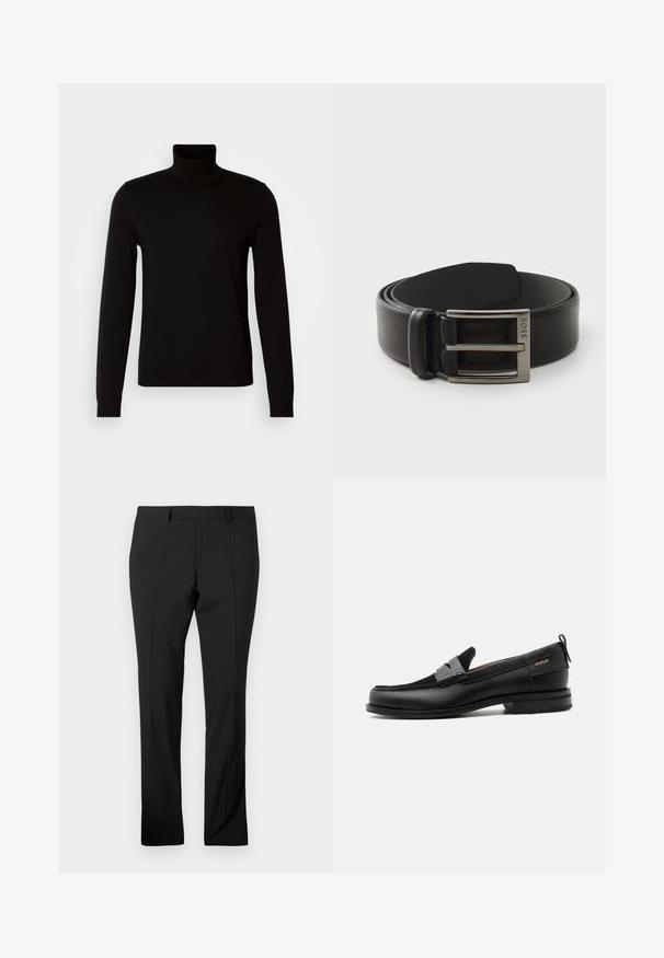 Sort turtleneck sweater lavet af et fint strikket stof, der har lange ærmer og en tætsiddende silhuet. Glat tekstur med ribbede manchetter.; Sorte skræddersyede bukser med bæltestropper, forkantfold og lige ben på en ensfarvet hvid baggrund.; Sort læderloafer med grå remdetalje, lav hæl og tekstureret sål, mærket med "HUGO" i guld på siden.; Sort læderbælte med en glat overflade, udstyret med en sølvfarvet, rektangulær spænde og prægede brandlogo på metallet.