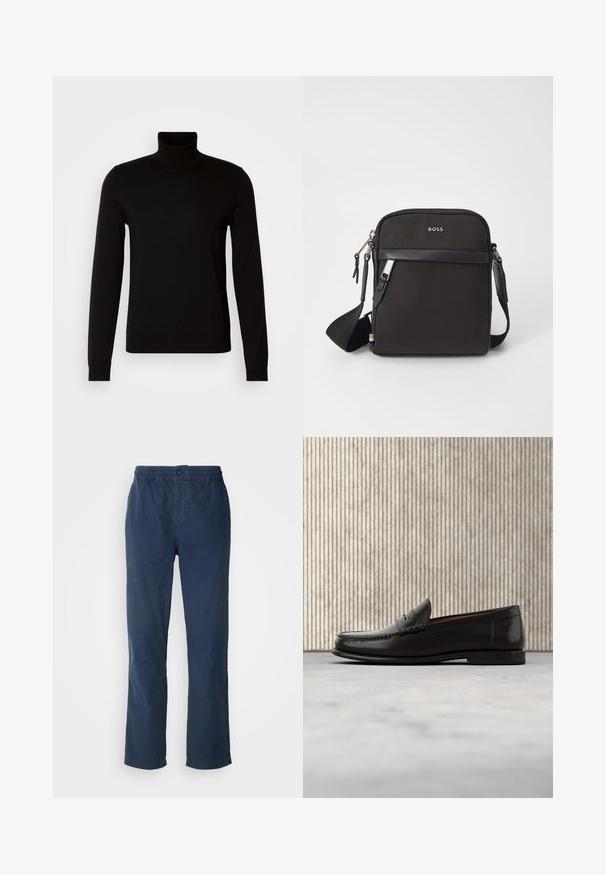 Suéter negro de cuello alto confeccionado en un tejido de punto fino, con mangas largas y una silueta ajustada. Textura suave con puños acanalados.; Pantalones azul marino con cinturilla elástica y cierre de botón, diseño de pierna recta, confeccionados en tejido ligero y suave, sin patrones visibles.; Mocasín penny de cuero negro con tacón bajo, punta redondeada y detalles cosidos en la parte delantera y los laterales, mostrado sobre un fondo neutro.; Bolso bandolero negro con un tejido texturizado, logo en la parte frontal, cierre de cremallera y correa ajustable. Presenta un ribete de cuero suave.