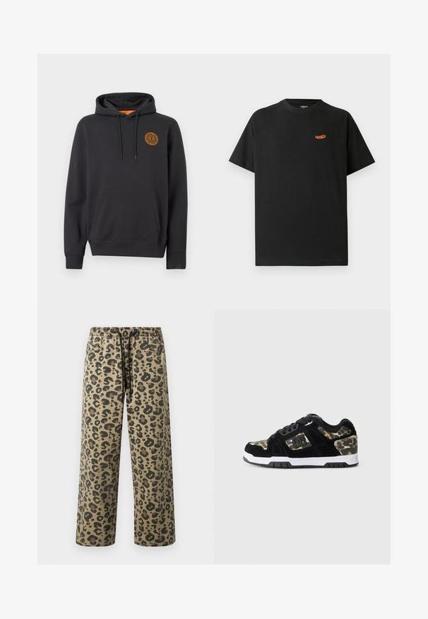Sudadera negra con capucha, bolsillo frontal y emblema de sol naranja en el lado izquierdo del pecho, con cordones ajustables y puños y dobladillo acanalados.; Camiseta de algodón negra con un corte holgado, mangas cortas y escote redondeado. Presenta un pequeño logo naranja en el pecho.; Pantalones de estampado de leopardo en colores marrón claro y oscuro, con cintura elástica con cordón, bolsillos laterales y corte holgado.; Zapatilla de ante negra con patrón de camuflaje en el lateral, media suela blanca y suela exterior de goma negra. Presenta cordones y detalle del logo en el lateral.