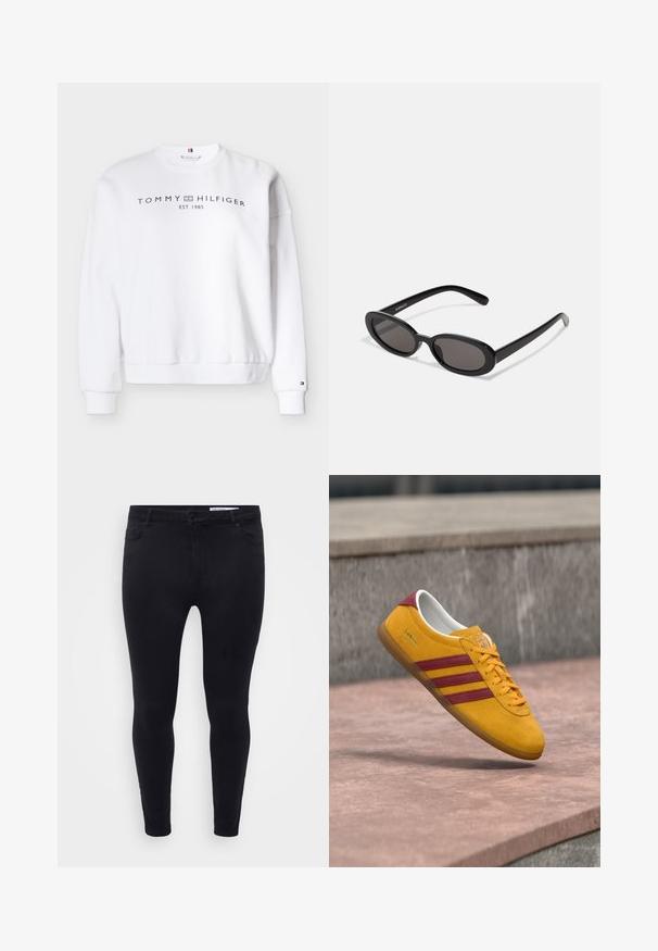 Witte sweatshirt gemaakt van een katoenmix; voorzien van geribde manchetten en zoom. Aan de voorkant staat het logo "TOMMY HILFIGER EST. 1985" in zwart.; Zwarte slim-fit jeans van rekbare denim, met een sluiting aan de voorkant met een knoop, riemlussen en vijf zakken met een gladde textuur.; Gele suède sneaker met rode strepen, platte zool en gevoerde kraag; beschikt over een vetersluiting en een merklabel.; Even&Odd Zonnebril - black