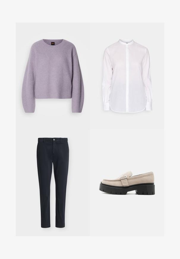 Suéter de punto de color púrpura claro con cuello redondo, hombros caídos y textura de canalé. Presenta un sutil patrón de costura a lo largo de las costuras.; Camisa blanca de manga larga con cuello mandarín, cierre delantero de botones y dobladillo ligeramente curvado. Fabricada en un tejido ligero y texturizado.; Pantalones casual ajustados de hombre en azul marino oscuro con cierre de botón y trabillas para cinturón, exhibidos sobre un fondo liso gris claro.; Mocasín de ante beige con hebilla plateada y suela negra gruesa y gruesa, vista lateral sobre fondo blanco.