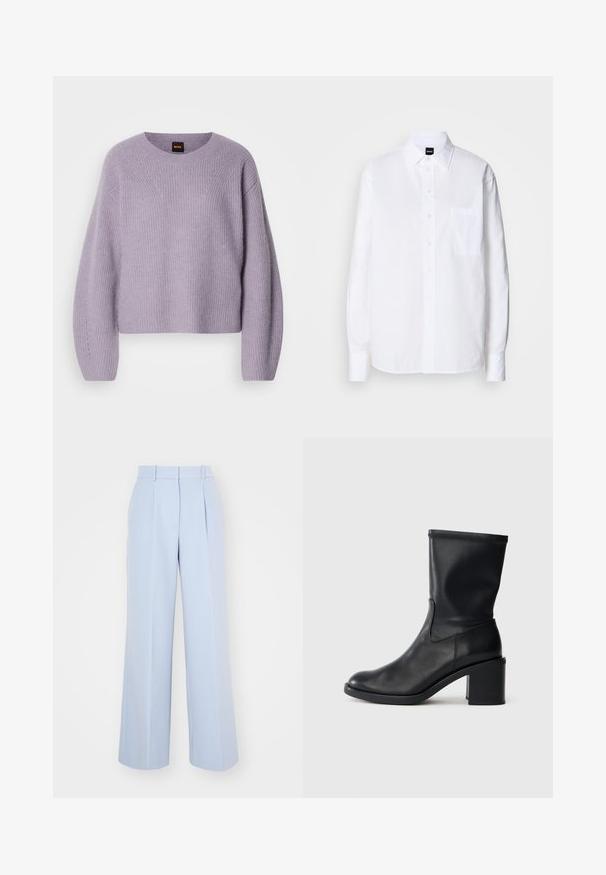 Suéter de punto de color púrpura claro con cuello redondo, hombros caídos y textura de canalé. Presenta un sutil patrón de costura a lo largo de las costuras.; Camisa blanca de botón hecha de algodón, con cuello clásico, mangas largas, un bolsillo en el pecho y una textura suave y crujiente.; Pantalones de pierna ancha en azul claro con una cintura alta, que presentan pliegues en la parte delantera, confeccionados en una tela suave y tejida. Sin herrajes visibles.; Botín negro de cuero hasta el tobillo con punta redonda, textura suave y tacón grueso, que presenta un eje ajustado y un sutil detalle de costura.