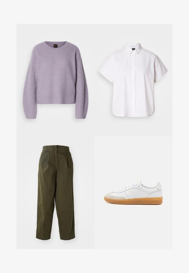 Suéter de punto de color púrpura claro con cuello redondo, hombros caídos y textura de canalé. Presenta un sutil patrón de costura a lo largo de las costuras.; Camisa blanca de manga corta con botones, cuello con puntas y dobladillo curvado. Fabricada en algodón con una textura suave y sin patrones visibles.; Pantalones de pierna ancha color verde oliva con cintura alta, con pliegues frontales y dobladillos vueltos. Fabricados en un tejido ligero con una textura suave.; Zapatilla de cuero blanca con acentos de ante beige, suela de goma y diseño de cordones. Presenta un sutil logo en dorado.