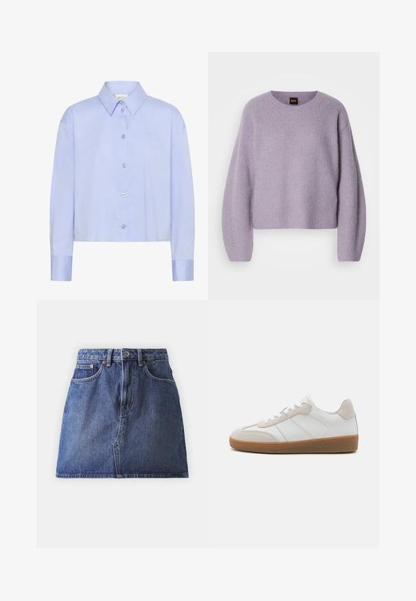 Lichtpaars gebreid trui met een ronde halslijn, verlaagde schouders en ribbelstructuur. Bevat een subtiel steekpatroon langs de naden.; Lichtblauw cropped button-up shirt met een kraag, lange mouwen en doorzichtige knopen. Subtiele logo-detail op de borst.; Donkerblauwe denim rok met een hoge taille, vijf zakken en contrasterende stiksels. Schoon zoom en klassieke knoopsluiting in de taille.; Witte leren sneakers met beige suède accenten, een gestructureerde tong en een rubberen zool. Voorzien van witte veters en subtiele gestikte details.