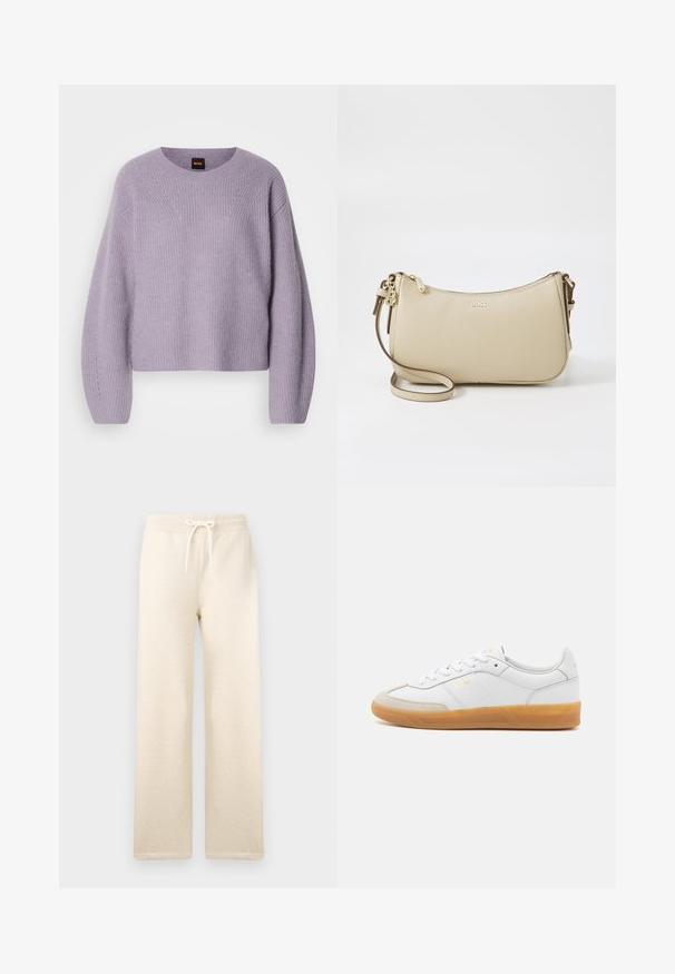 Pull en laine violet clair avec un col arrondi, des épaules chamarrées et une texture côtelée. Présente un motif de couture subtil le long des coutures.; Pantalons de survêtement de couleur crème en tissu doux, dotés d'une taille élastique avec un cordon de serrage, jambes larges et sans motifs visibles.; Baskets en cuir blanc avec des accents en suédine beige, semelle en caoutchouc gomme et design à lacets. Présente un logo discret en doré.; Sac bandoulière en cuir beige avec une forme courbée, des accents en métal doré, une fermeture éclair et une bandoulière ajustable. Logo "BOSS" estampillé à l'avant.