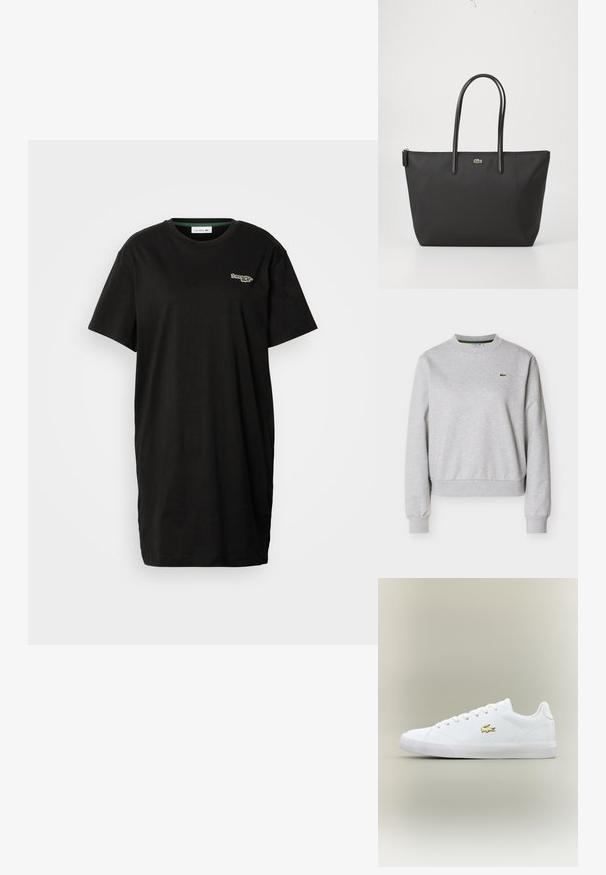 Sweat-shirt gris clair à col rond avec manches longues et petit logo crocodile vert Lacoste sur la poitrine gauche.; Robe T-shirt noire à manches courtes avec col rond et petit logo Lacoste sur le côté gauche de la poitrine.; Baskets blanches en cuir lisse avec un embout arrondi, des lacets plats et un petit logo doré. Présente une semelle en caoutchouc texturée et un design sobre.; Sac fourre-tout noir avec deux longues poignées, un dessus zippé et un petit logo de crocodile vert centré sous les poignées.