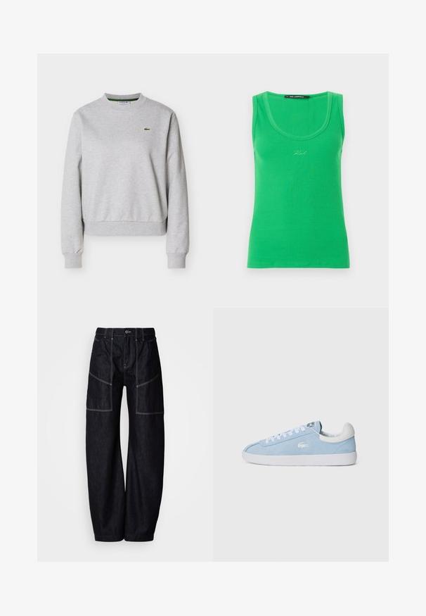 Hellgraues Sweatshirt mit Rundhalsausschnitt, langen Ärmeln und kleinem grünen Lacoste-Krokodil-Logo auf der linken Brust.; Grünes, geripptes ärmelloses Tanktop mit Rundhalsausschnitt und kleinem "Karl"-Schriftzug in der Mitte vorn bestickt.; Dunkelblaue, weit geschnittene Denim-Hosen mit mehreren Vorder Taschen, kontrastierenden Nähten und einem Knopfverschluss an der Taille. Glatte Textur und lässiges Design.; Himmelblaue Wildledersneaker mit weißen Schnürsenkeln und Gummisohle. Mit einem kleinen silbernen Logo an der Seite und einer weißen Leder-Fersenkappe.