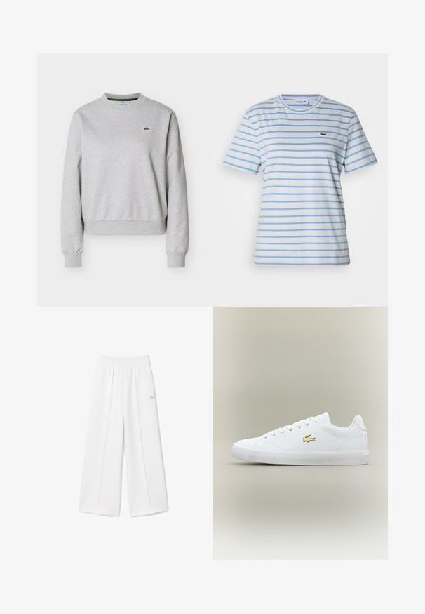 Lysegrå crewneck-sweatshirt med lange ærmer og lille grønt Lacoste-krokodillelogo på venstre bryst.; Kortærmet t-shirt i lyseblå med horisontale striber i gul og hvid. Har en lille grøn logo på brystet. Bomuldsstof.; Hvide bukser med brede ben, elastisk taljebånd, blød stoftekstur, centralt plissering og et lille Lacoste-logo broderet på siden.; Hvid sneaker lavet af glat læder med en rund tå, flade snørebånd og et lille guld logo. Har en struktureret gummisål og et enkelt design.