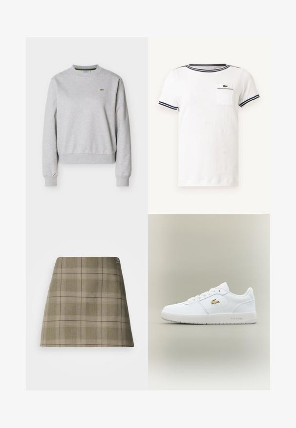 Lichtgrijze sweater met ronde hals, lange mouwen en een klein groen Lacoste krokodillenlogo op de linker borst.; Wit gebreid T-shirt met korte mouwen met marineblauwe gestreepte biezen op kraag en mouwen, met een klein borstzakje met een groen krokodillenlogo.; Geruite mini-rok in olijfgroen en beige, met een rechte snit, een subtiele textuur en een klein logo-accent bij de tailleband.; Witte leren sneakers met een laag ontwerp, ronde neus, vetersluiting en een gouden Lacoste-logoaccent aan de zijkant.