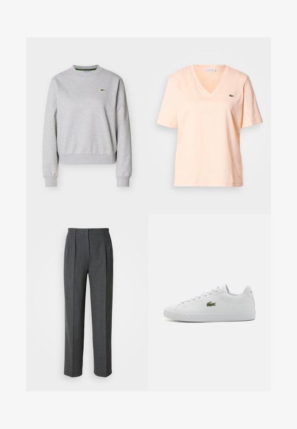 Sudadera gris claro de cuello redondo con mangas largas y pequeño logo de cocodrilo verde de Lacoste en el pecho izquierdo.; Camiseta de algodón color durazno claro con escote en V y mangas cortas, con un pequeño logo verde de Lacoste en el área del pecho izquierdo.; Pantalones grises ajustados hechos de una tela texturada. Presentan una cintura alta, pliegues frontales y piernas anchas con un corte recto.; Zapatilla de cuero blanca con punta redondeada, diseño de cordones, logo de cocodrilo bordado en verde y suela de goma texturizada.
