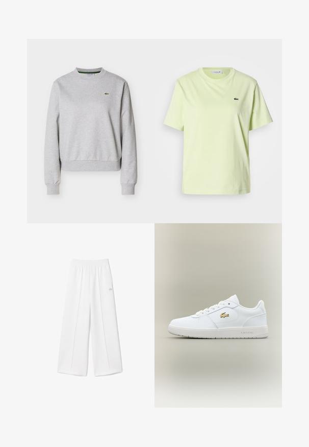 Lysegrå crewneck-sweatshirt med lange ærmer og lille grønt Lacoste-krokodillelogo på venstre bryst.; Lysegul bomuld T-shirt med rund halsudskæring, korte ærmer og et lille grønt Lacoste-logo på brystet. Simpelt design og blød tekstur.; Hvide bukser med brede ben, elastisk taljebånd, blød stoftekstur, centralt plissering og et lille Lacoste-logo broderet på siden.; Hvide lædersneakers med lavt design, rund tå, snøring og et guld Lacoste-logo som accent på siden.