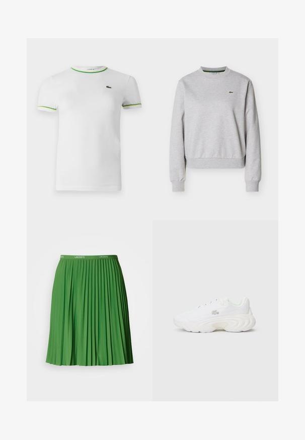 Sweat-shirt gris clair à col rond avec manches longues et petit logo crocodile vert Lacoste sur la poitrine gauche.; T-shirt en coton blanc avec des manches courtes, un col rond et des accents ribbed verts et jaunes au col et aux bords des manches. Logo Lacoste sur la poitrine.; Jupe plissée verte avec une taille élastique arborant le logo Lacoste. Fabriquée en matériau lisse, elle présente des plis verticaux distincts et une coupe à hauteur du genou.; Baskets blanches avec une tige texturée, un design de semelle prononcé, un système de laçage et un petit détail de logo. Construction lisse et légère.