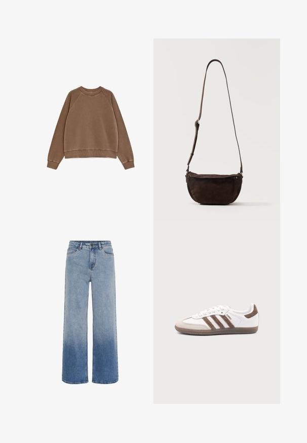 Braunes Sweatshirt mit Rundhalsausschnitt und langen Ärmeln, mit gerippten Bündchen, Halsausschnitt und Saum, vor weißem Hintergrund dargestellt.; Hochtaillierte blaue Jeans aus Denim mit weitem Bein und einem Farbverlauf von hellblau zu dunkelblau am Saum.; Weißer Adidas Samba Sneaker mit braunen Wildlederstreifen, brauner Gummisohle und beiger Wildlederkappe, von der Außenseite auf schlichtem Hintergrund gezeigt.; Dunkelbraune Wildleder-Umhängetasche mit verstellbarem Riemen und vorderer Reißverschlusstasche, vor einem schlichten hellen Hintergrund stehend.