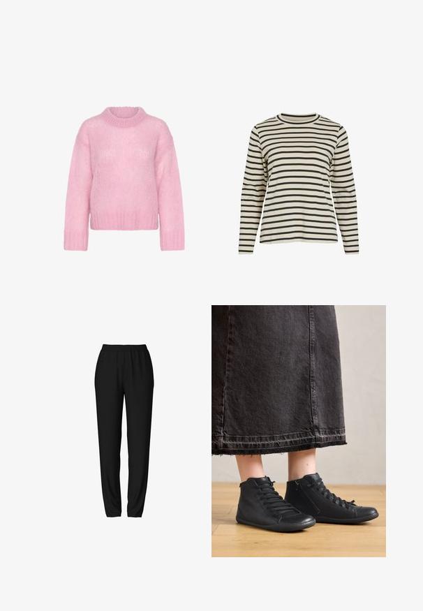 Lyserød strikket sweater med høj hals, brede lange ærmer og ribbet kant. Blødt, tekstureret stof med en let løs pasform.; Langærmet beige skjorte med sorte, vandrette striber og rund halsudskæring, vist på hvid baggrund.; Sorte joggingbukser med elastisk talje, tapered ben og en glat, blød tekstur. Enkel, funktionel design uden yderligere accenter.; Sorte læder høje sko med en glat overflade, der har snørebånd og en sidezipper. Båret med en lang sort denimnederdel.