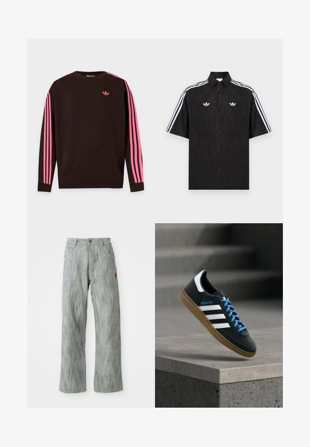 Mørkebrun sweatshirt med lange ærmer med lyserøde striber ned ad ærmerne og et lille lyserødt Adidas-logo på venstre bryst.; Sort kortærmet skjorte med knapper og et subtilt flammemønster, hvide Adidas trefoil-logoer på brystet og hvide tre striber på ærmerne.; Lys grå lige ben jeans med for- og baglommer, knaplukning og et lille rødt stofmærke på højre side.; Sort Adidas sneaker med hvide striber, blå snørebånd og gummisål, der svæver over gråt betontrin i blødt lys.