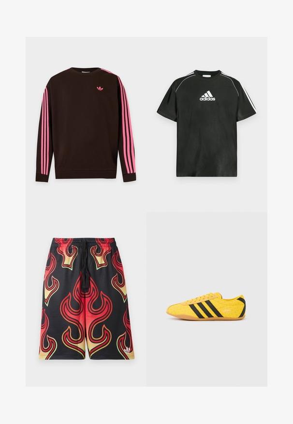 Sweat-shirt marron foncé à manches longues avec des bandes roses sur les manches et un petit logo Adidas rose sur la poitrine gauche.; T-shirt noir à manches courtes avec logo Adidas blanc sur la poitrine et bandes blanches sur les épaules. Confectionné en tissu lisse, coupe décontractée.; Shorts en mesh noir avec des motifs de flammes rouges, orange et jaunes et un petit logo blanc près de l'ourlet inférieur sur la jambe droite.; Chaussure de sport jaune avec une tige texturée, présentant des rayures et un logo noirs. Bout arrondi, semelle souple et motif en zigzag sur le matériau.