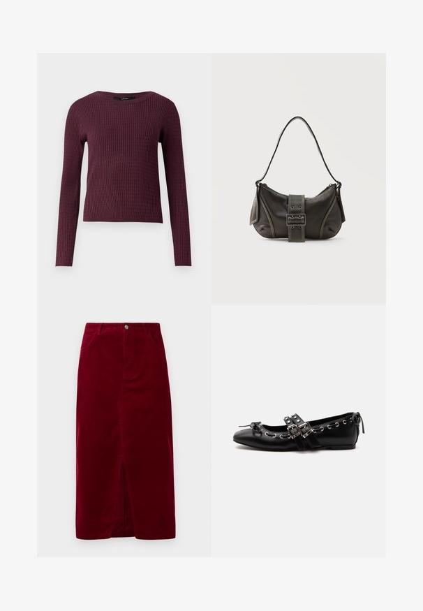 Langærmet sweater i mørk burgundy med struktur og ribbet tekstur, rund halsudskæring og tætsiddende design. Let strikket stof.; Bordeaux kordfløjl nederdel med lige pasform, frontslids, bæltestropper og to lommer, med en frontknaplukning.; Sort flad balletsko med dobbelt spænde, sølvøjer og en lille sløjfe nær den runde tå på en hvid baggrund.; Sort læder skuldertaske med spænde på remmen, afrundede kanter og kontrasterende hvide syninger på en ensfarvet baggrund.